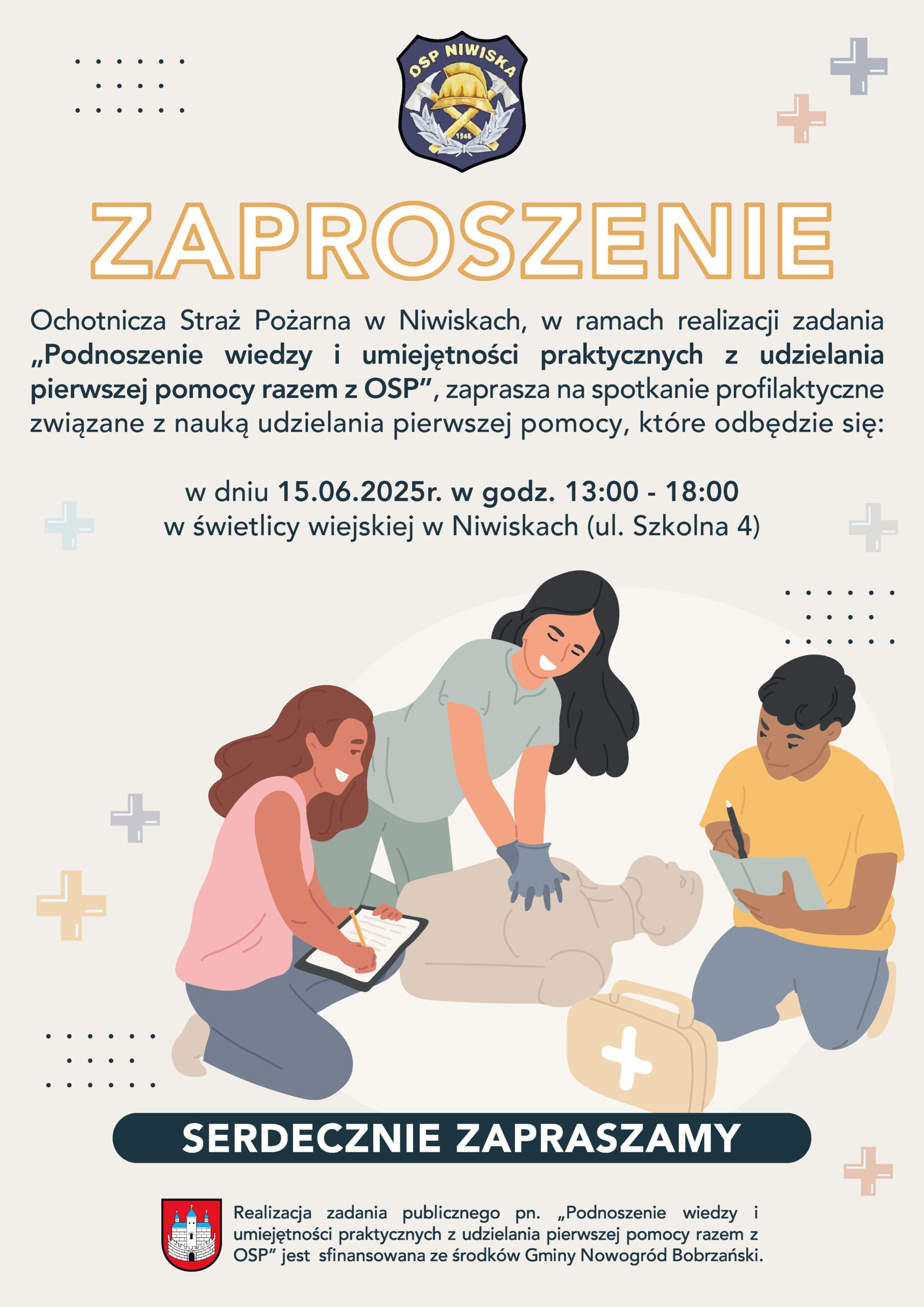 Zaproszenie na kurs pierwszej pomocy. Świetlica w Niwiskach ul. Szkolna 4 15.06.2026 godzina 13-18.
